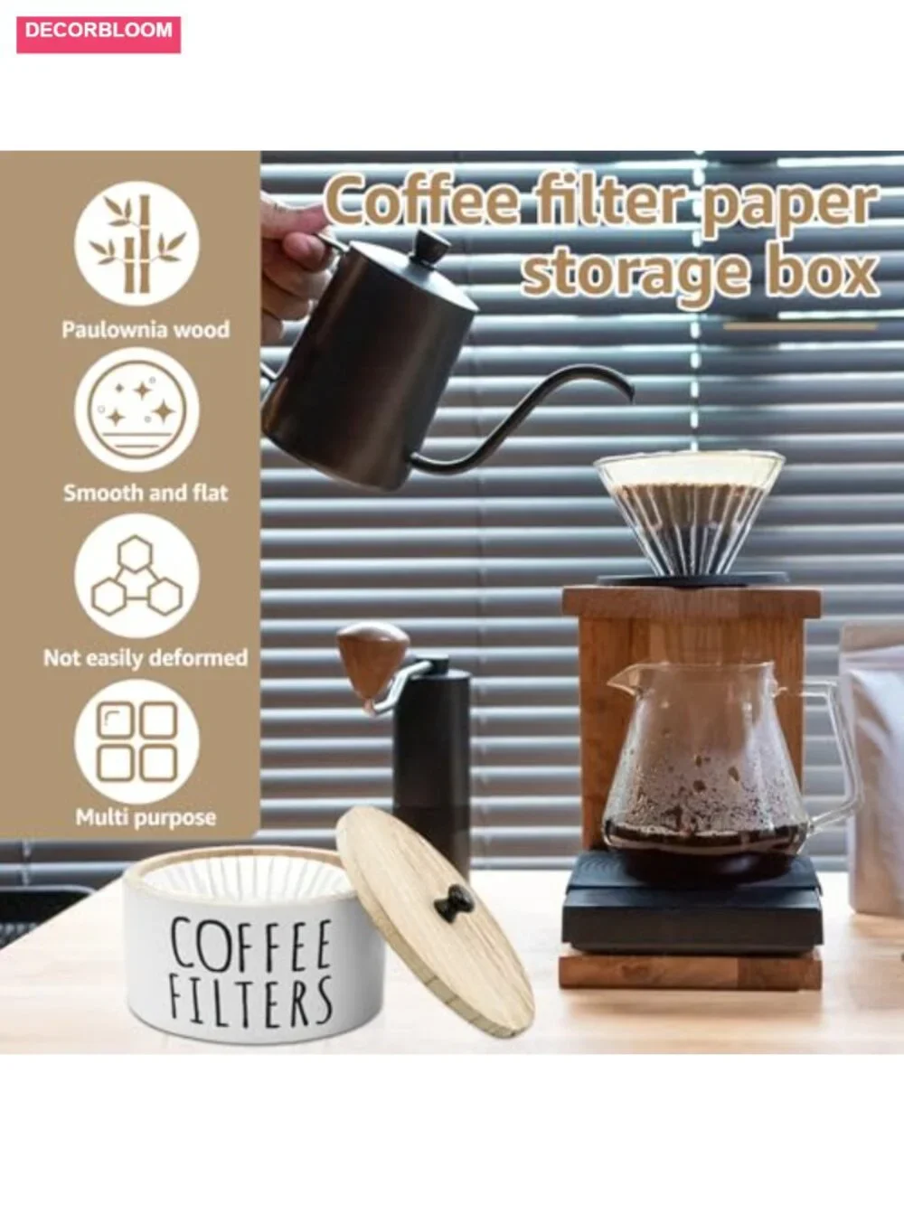 Wooden Coffee Filter Holder with Lid, Tea Bag Organizer Storage Container,